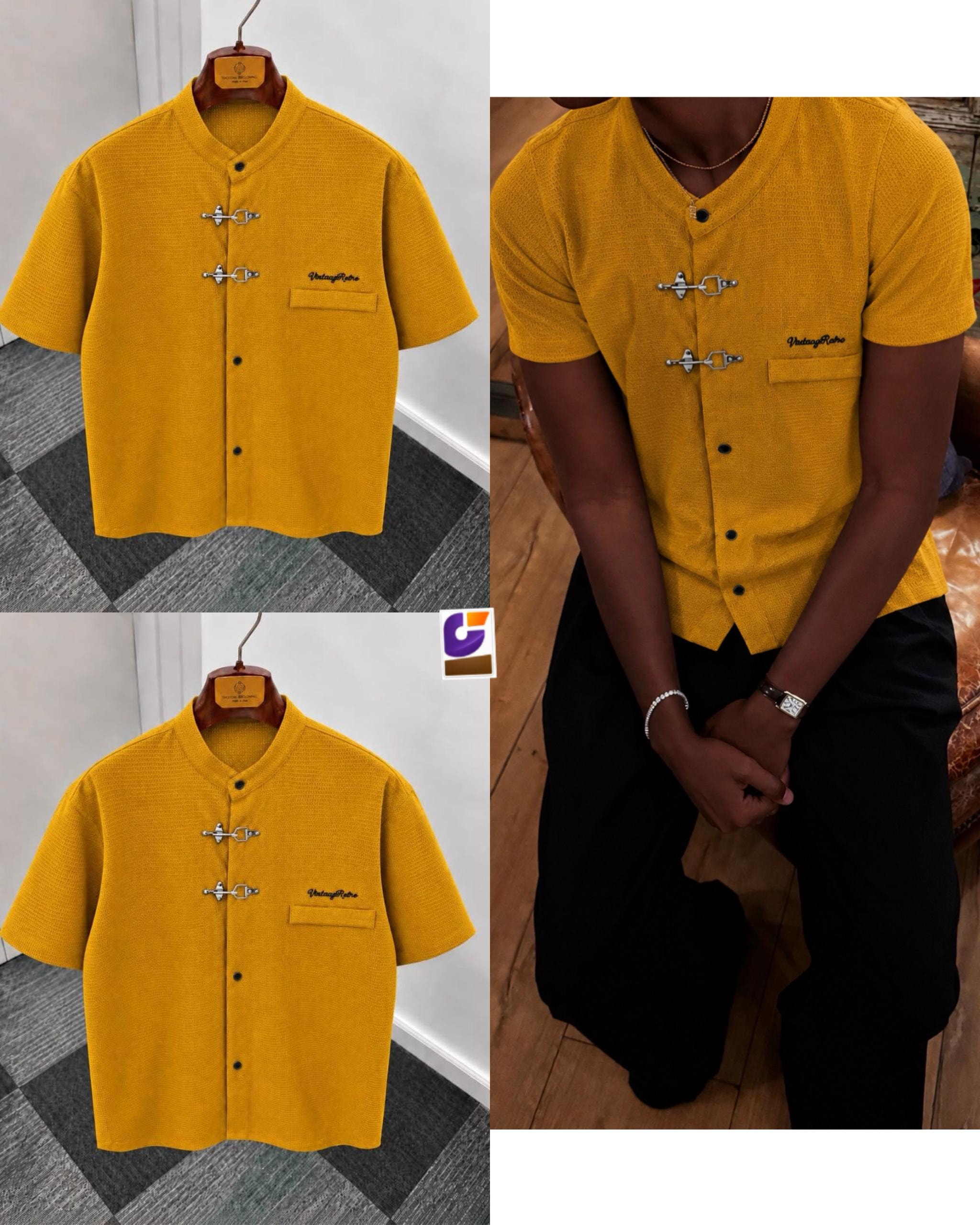Yellow waffle knit frog button shirt shown flat and on male model in close-up.