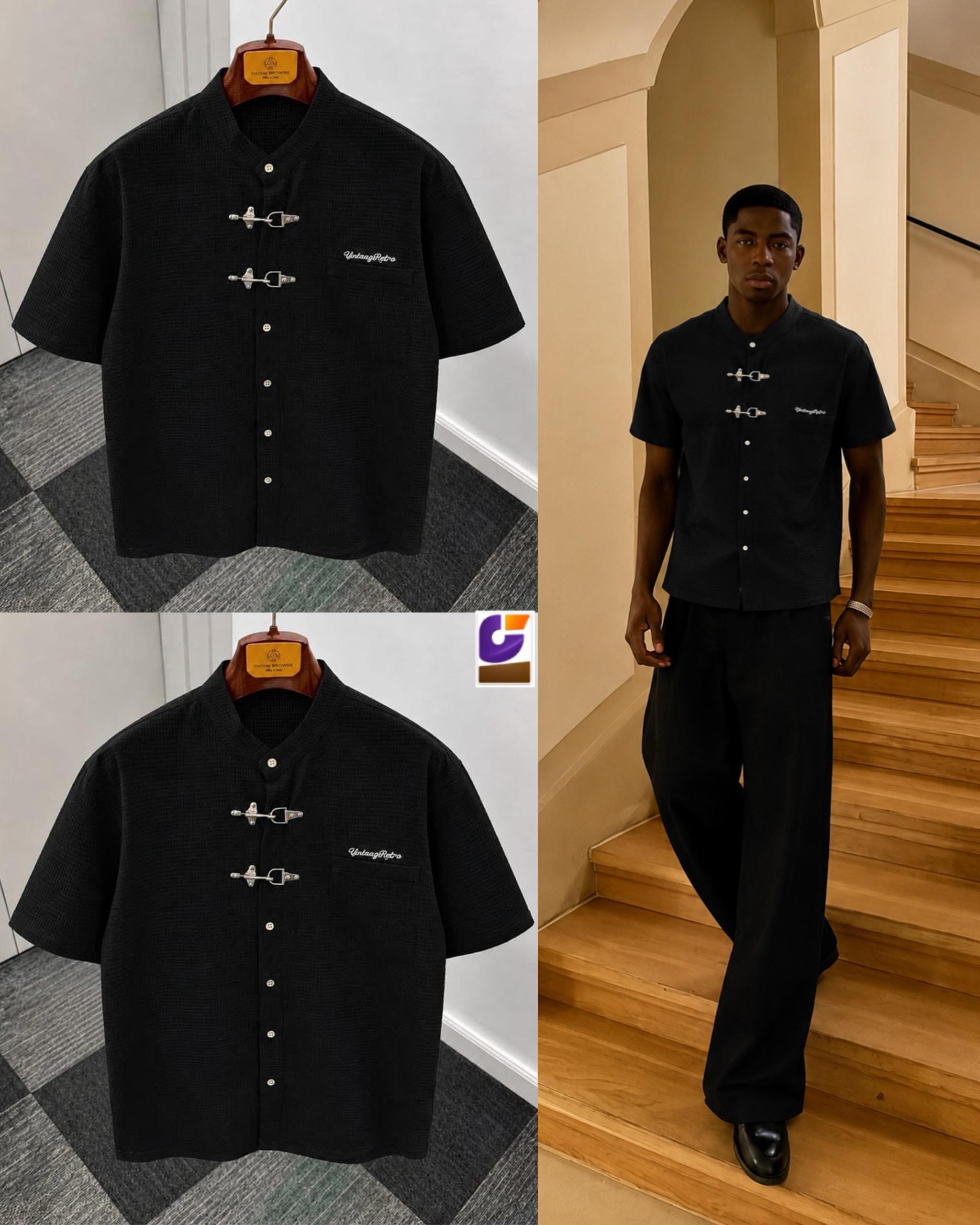 Black waffle knit frog button shirt displayed on hanger and worn by male model on stairs.
