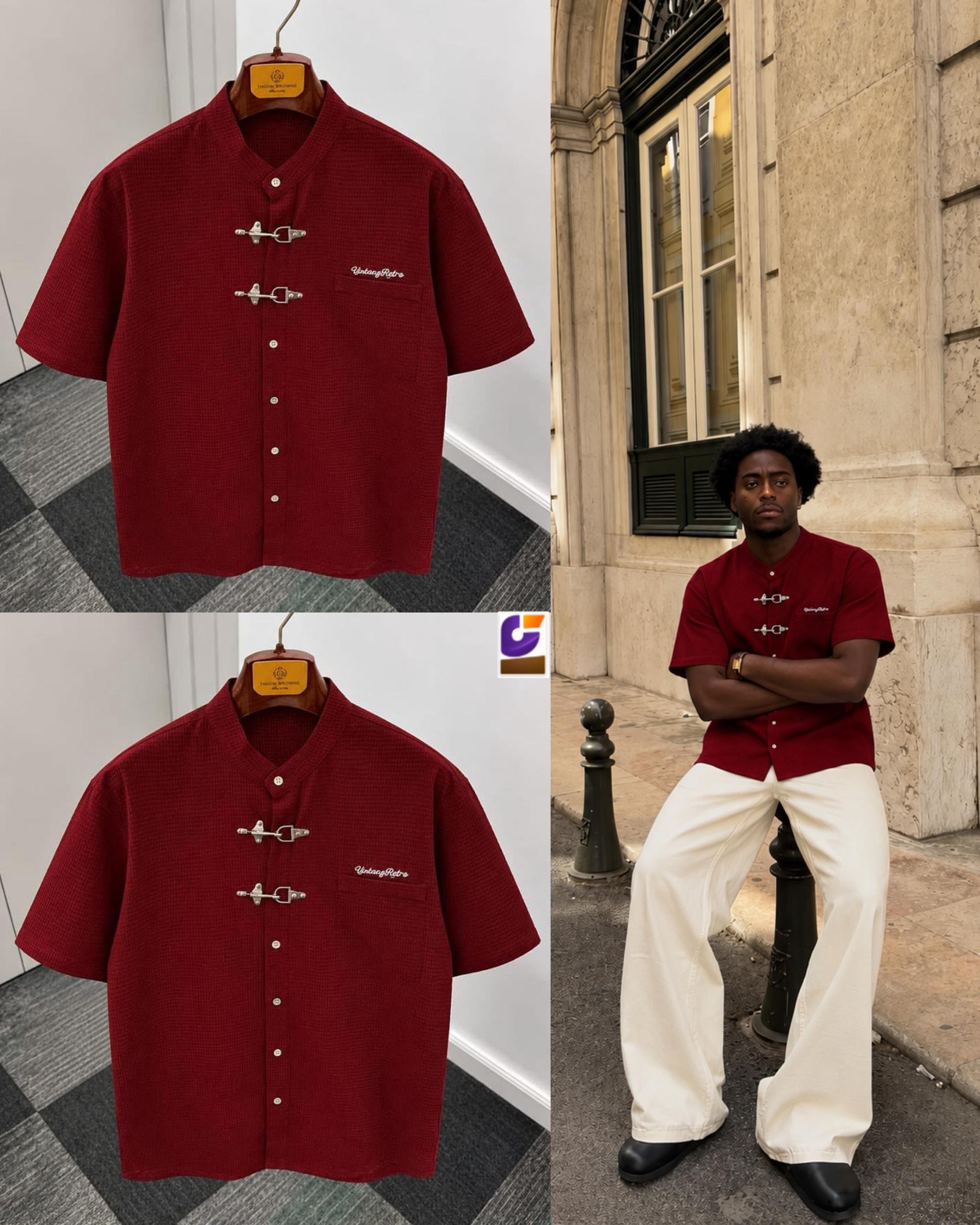 Red waffle knit frog button shirt shown flat on hanger and worn by male model.