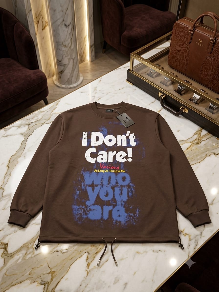 Brown sweatshirt with I Don't Care who you are text on white marble with luxury background.