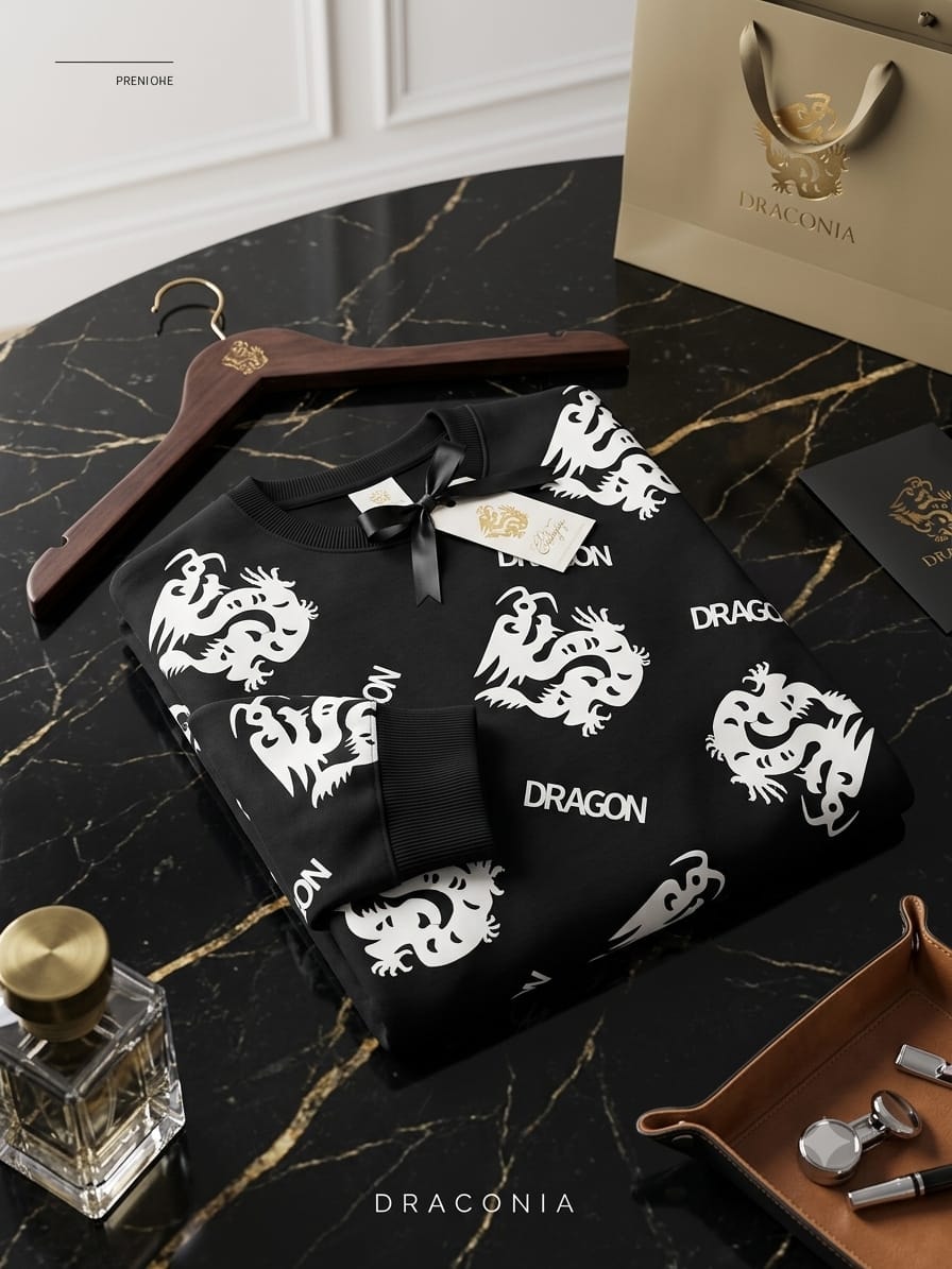 Folded black sweatshirt with white dragon prints and Draconia branding on marble table.