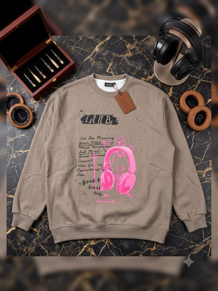 Beige sweatshirt with pink headphones and text graphics surrounded by luxury items.