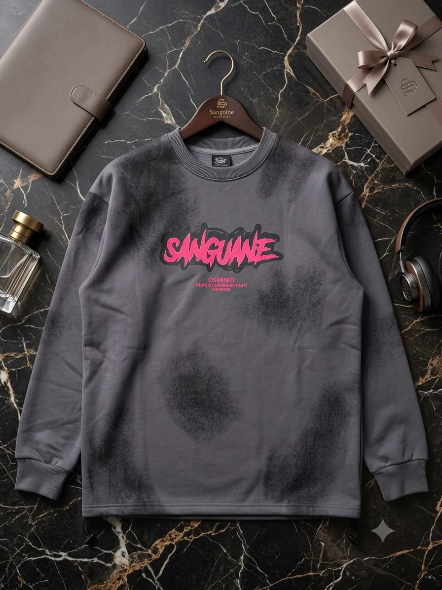 Gray bleached sweatshirt with pink Sanguane text on marble with hanger and props.