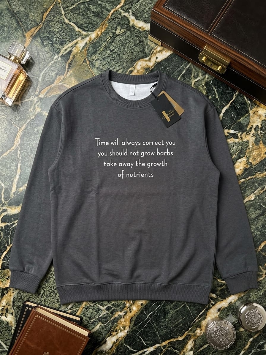 Gray sweatshirt with white motivational text print on marble surface with props.