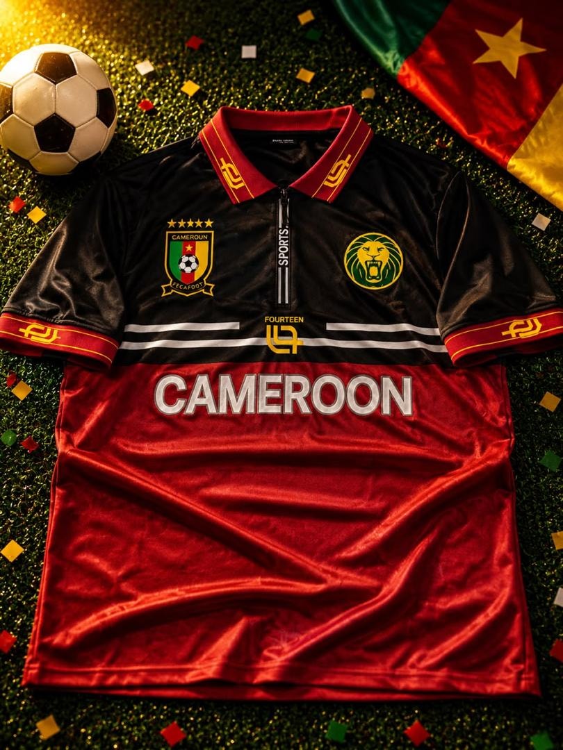 Black and red Cameroon football jersey on grass with flag and confetti.