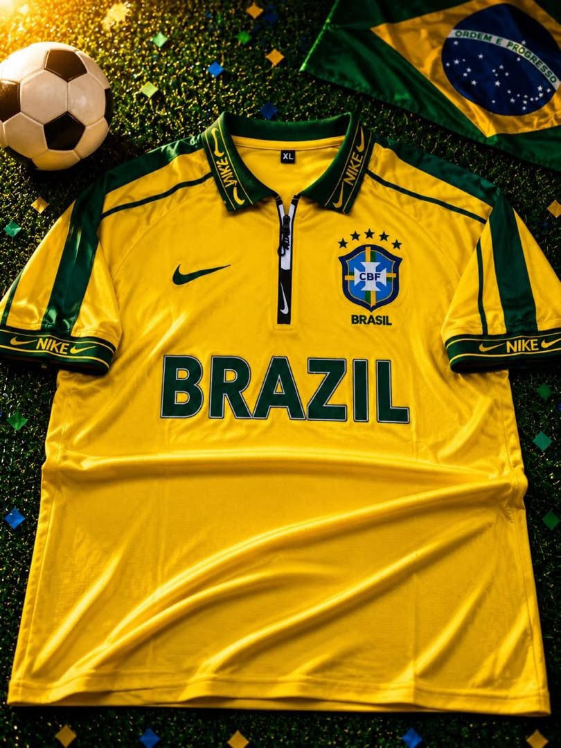 Yellow Nike Brazil football jersey on grass with Brazilian flag and confetti.
