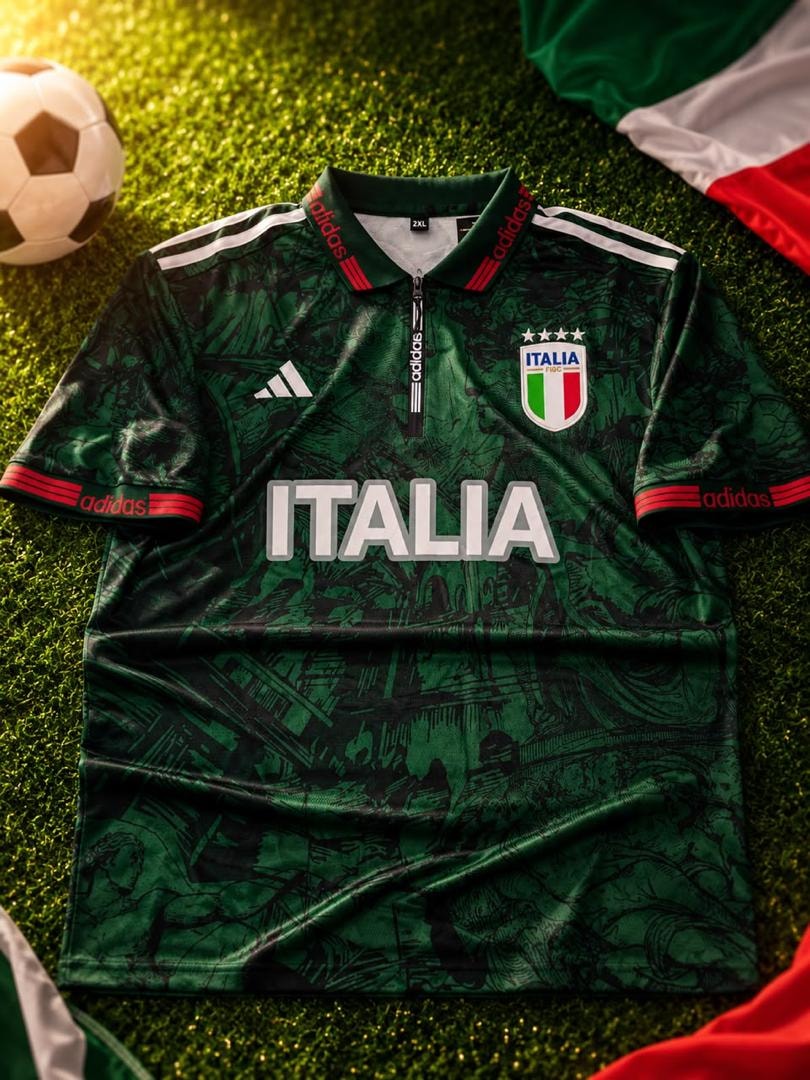 Dark green Adidas Italia football jersey laid flat on grass with football and flag.