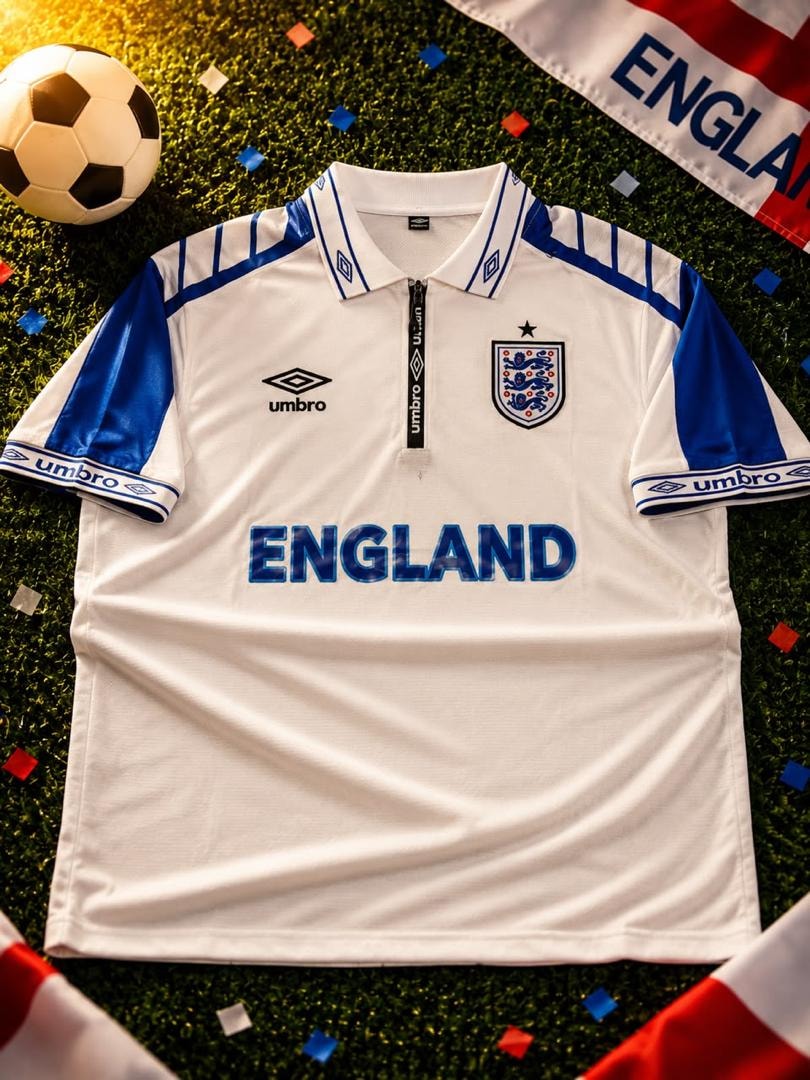 White Umbro England football jersey with blue accents, crest and ENGLAND text on grass.