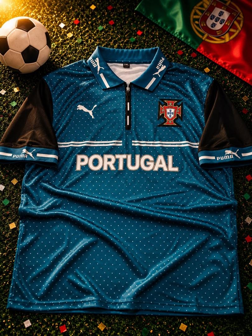 Blue Puma Portugal football jersey with black sleeves, dotted pattern and crest on grass.