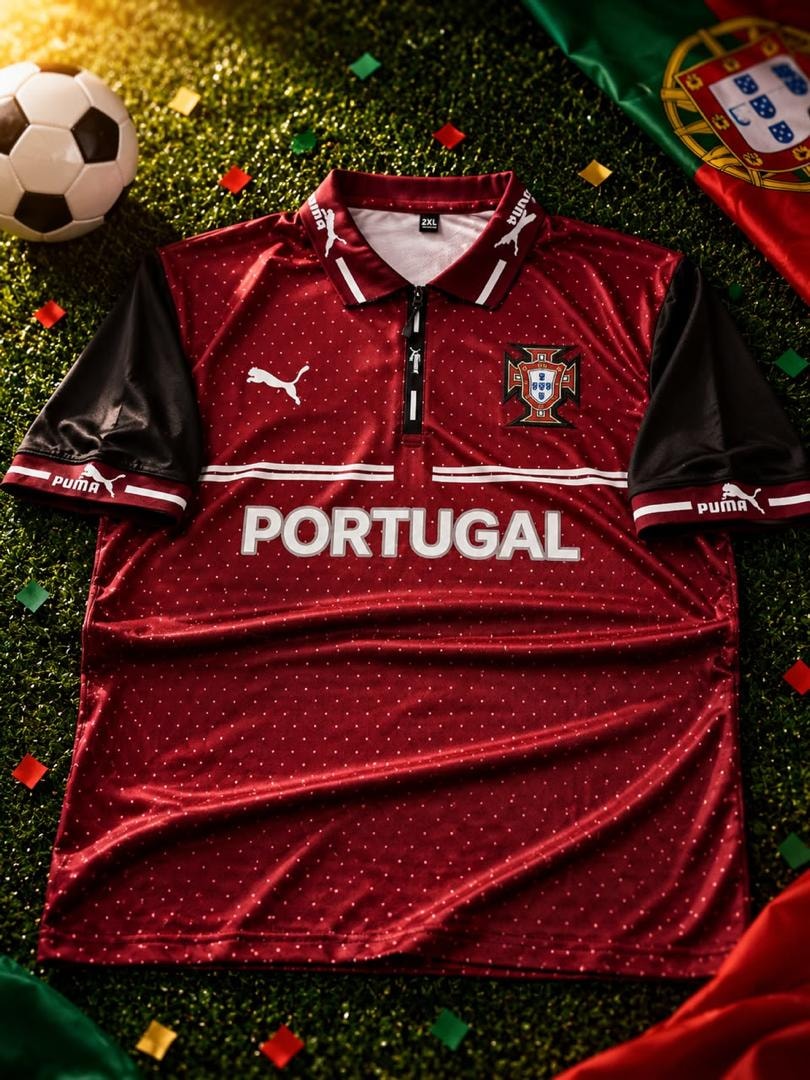 Red Puma Portugal football jersey with black sleeves, dotted pattern and crest on grass.