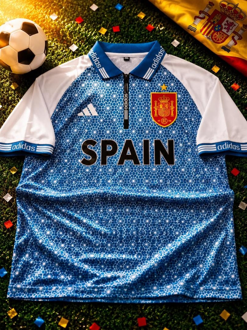 Blue Adidas Spain football jersey with white sleeves, geometric pattern and SPAIN text on grass.