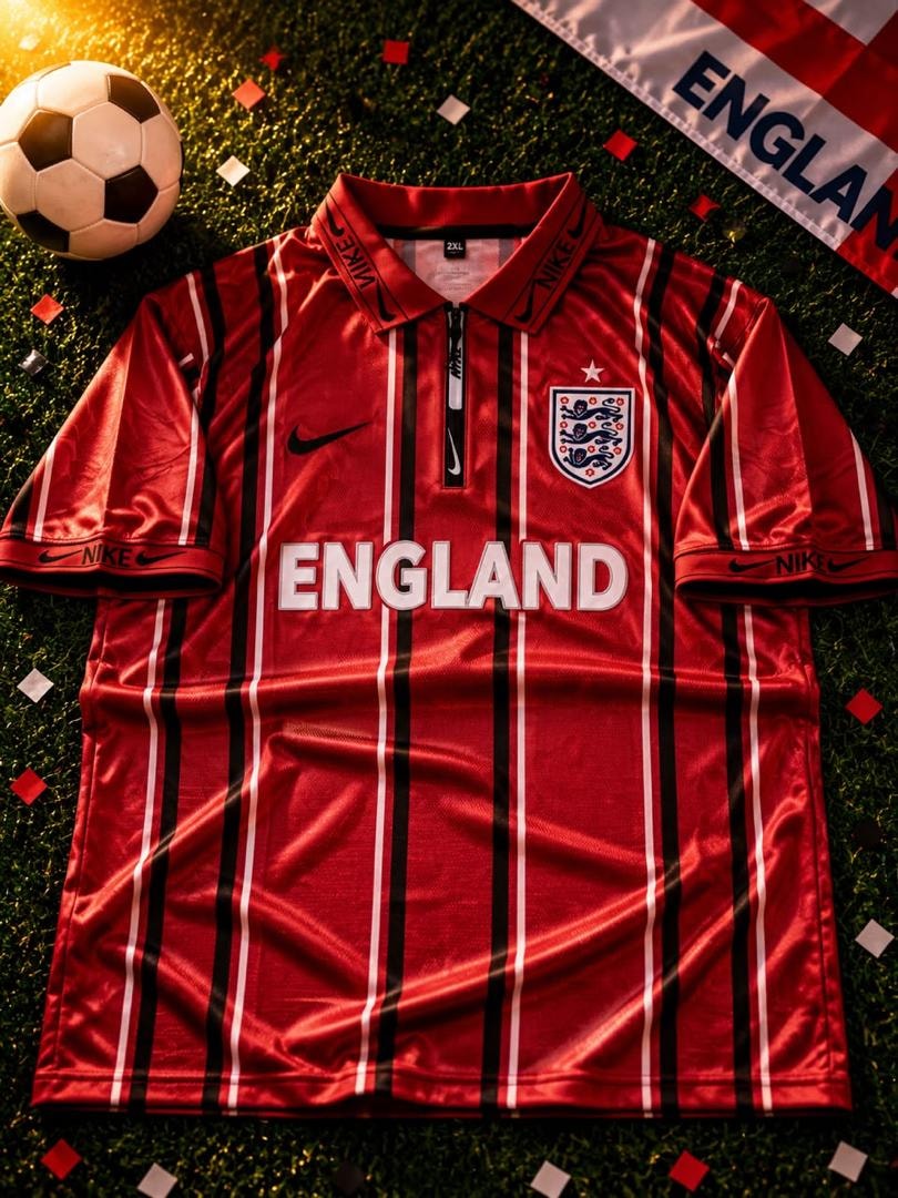 Red Nike England football jersey with black stripes, three lions crest and ENGLAND text on grass with soccer ball.