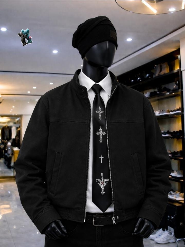 Mannequin wearing black suede bomber jacket with white shirt, patterned tie and black beanie.