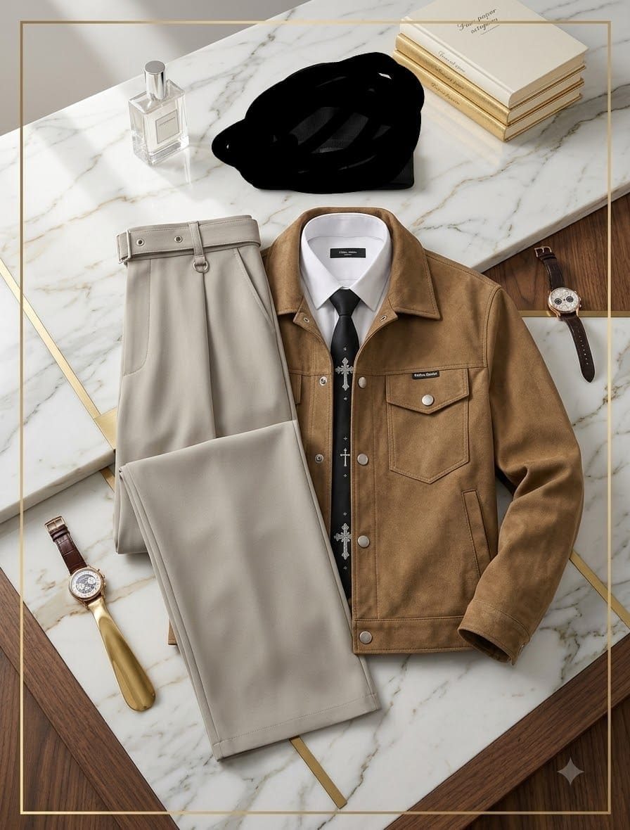 Brown jacket, white shirt, cross tie and beige flare trousers displayed on marble surface with styling props.