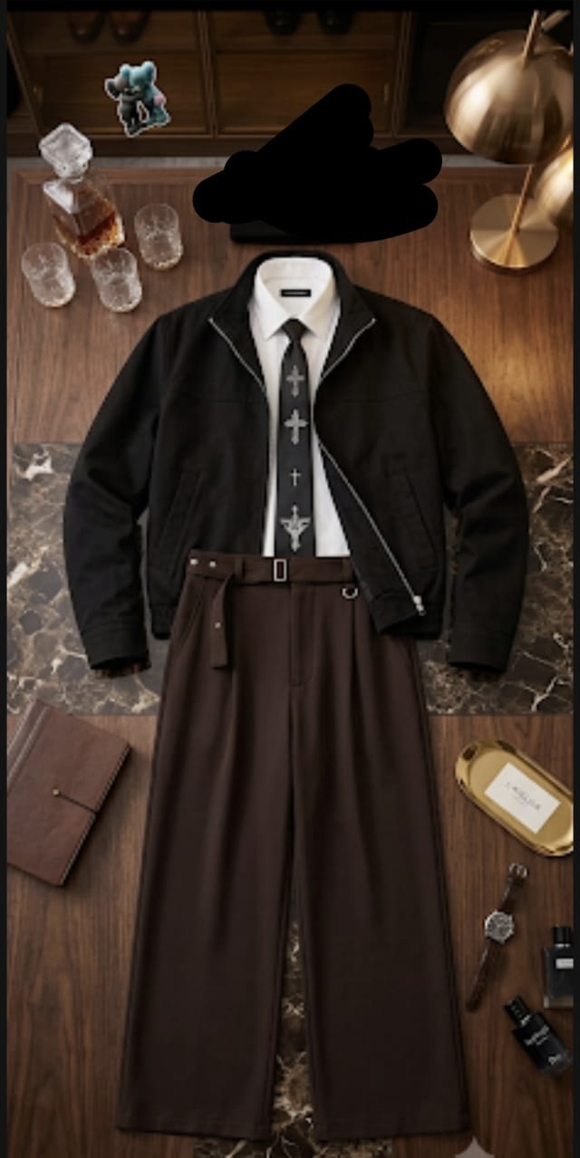 Black jacket, white shirt, patterned tie and brown flare trousers styled flat lay with decor items.