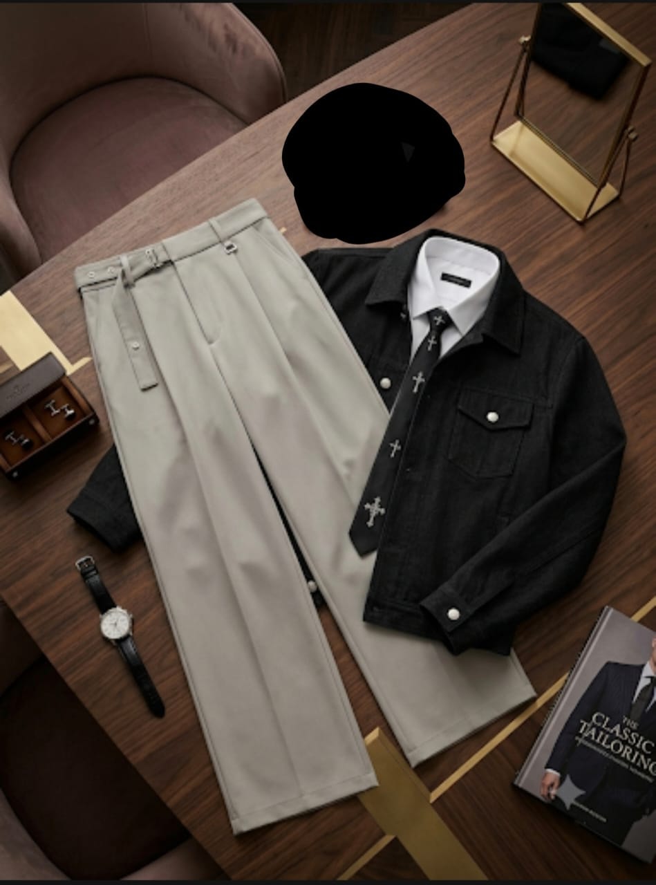 Black jacket, white shirt, cross tie and beige flare trousers flat lay on wooden table with accessories.