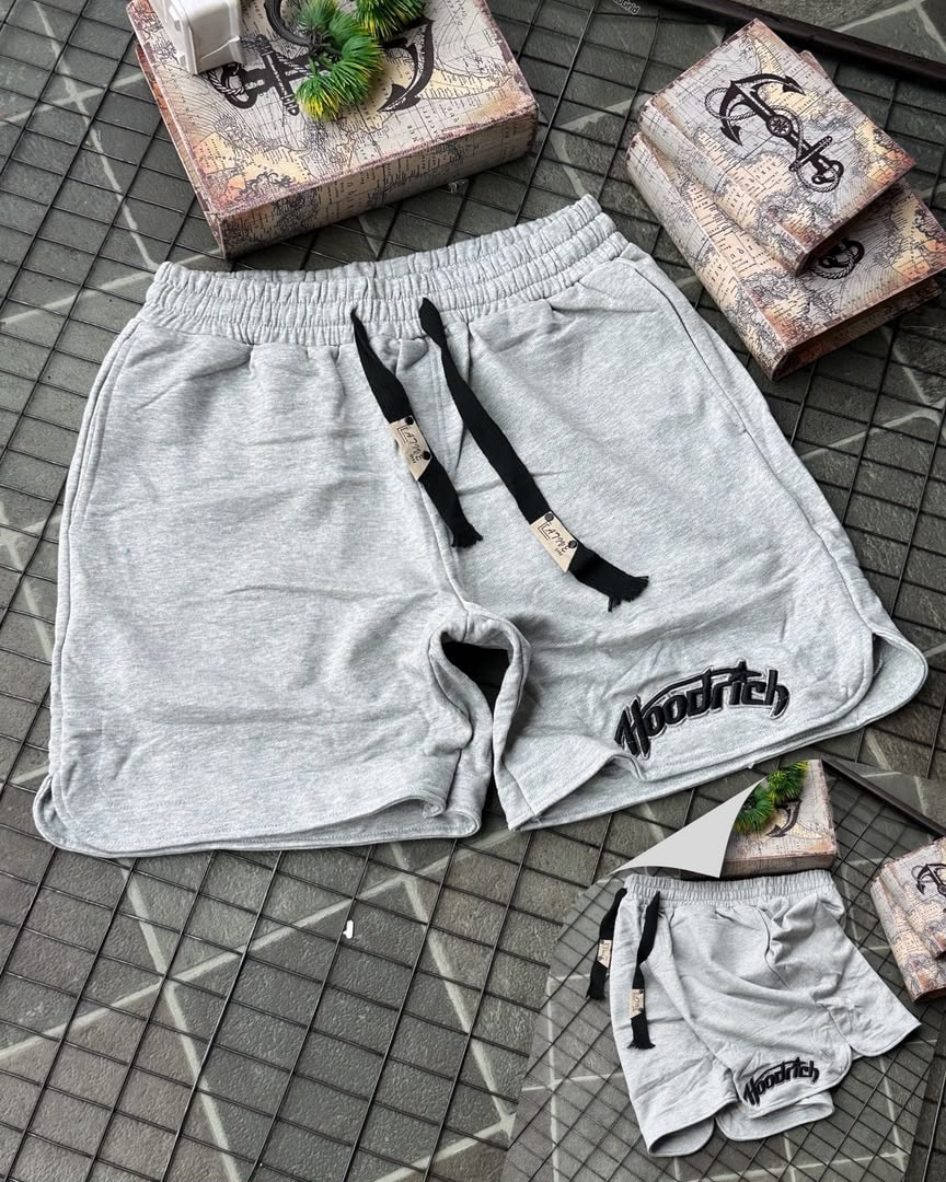 Gray Hoodrich fleece shorts with waistband drawstring and logo embroidery.