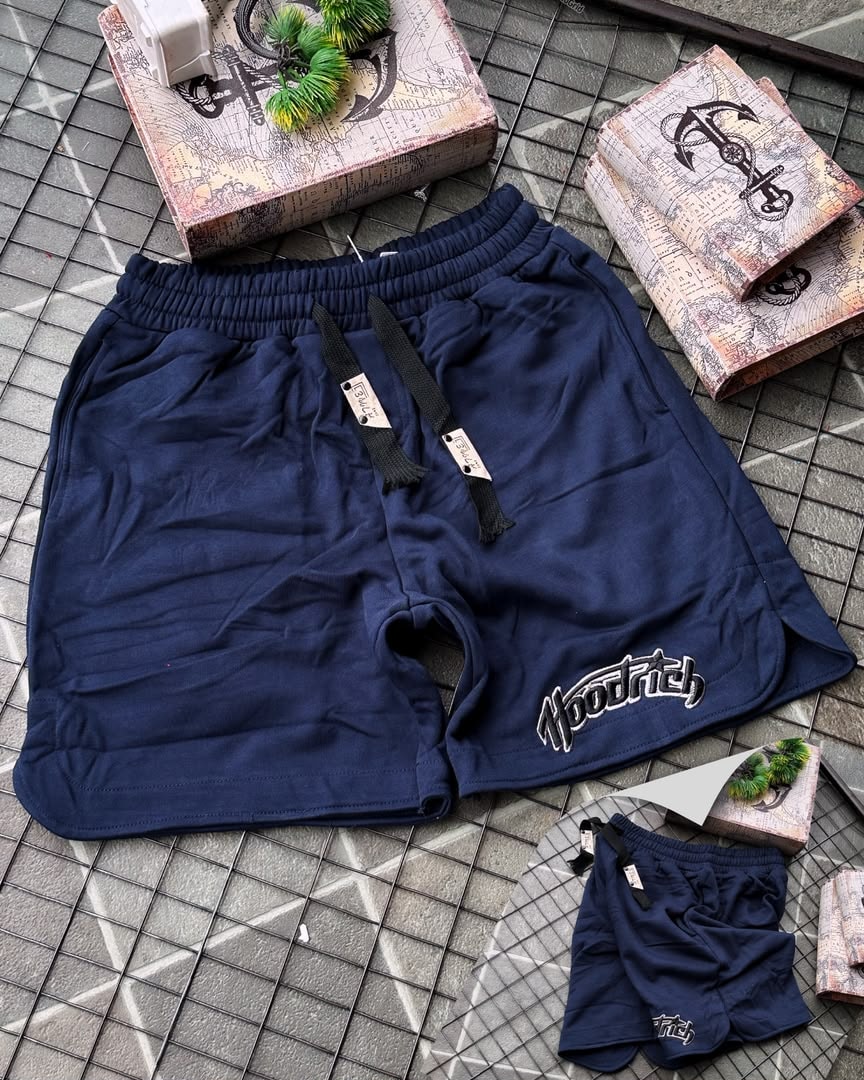 Navy Hoodrich fleece shorts displayed with smaller matching pair.