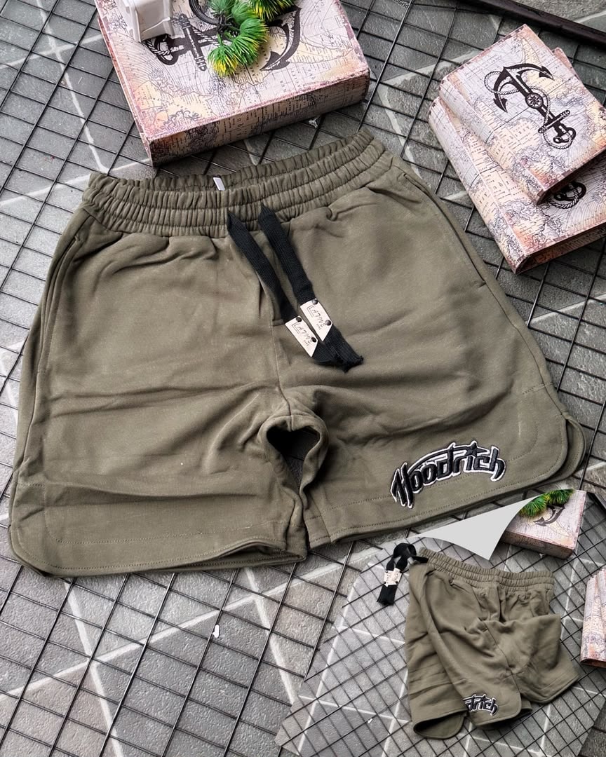 Olive Hoodrich fleece shorts with drawstring detail and embroidered branding.