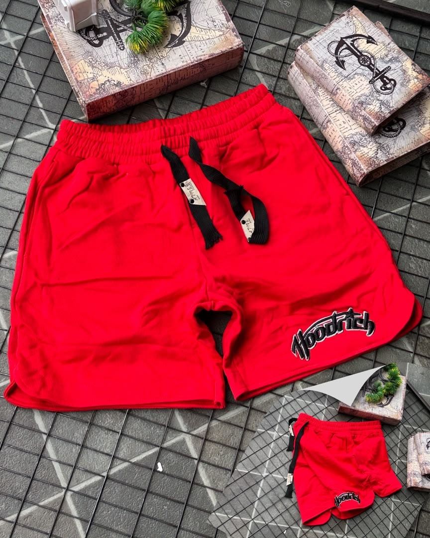 Red Hoodrich fleece shorts with black drawcord and embroidered logo on leg.