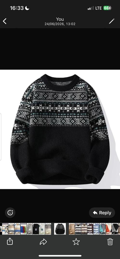 Black geometric patterned sweatshirt flat lay view.