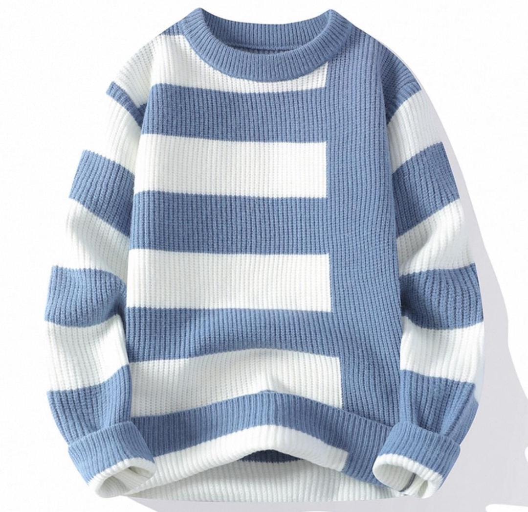 Blue and white striped ribbed crewneck sweatshirt on white background.