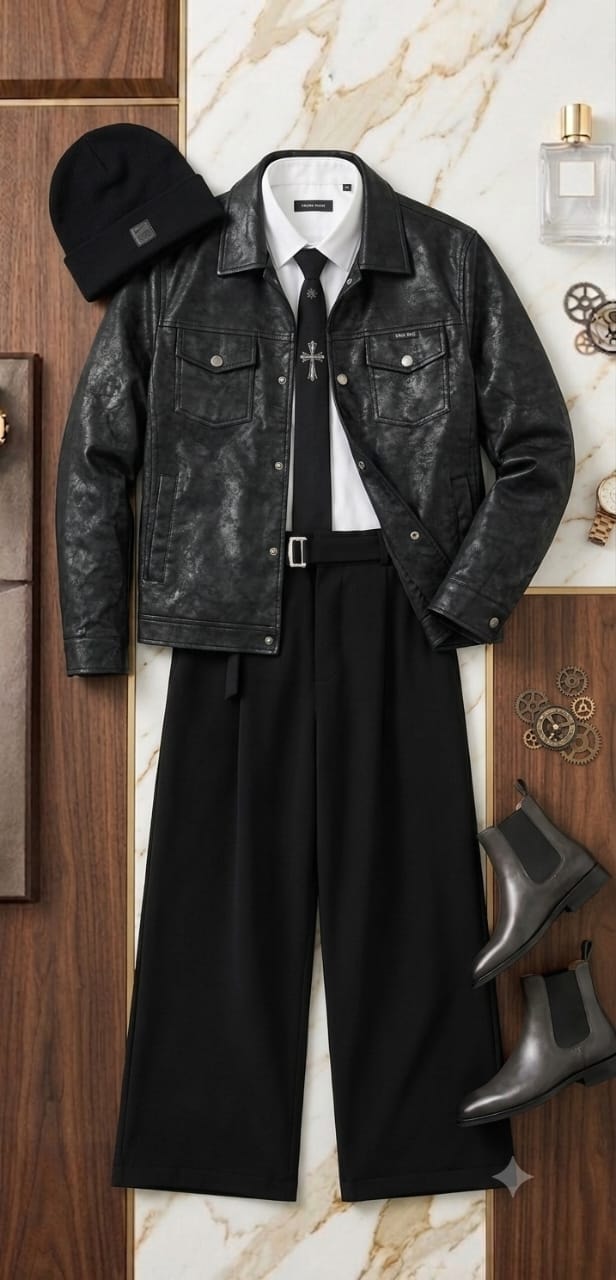 Black leather trucker jacket styled with white shirt, black cross tie, flare trousers, beanie and boots.