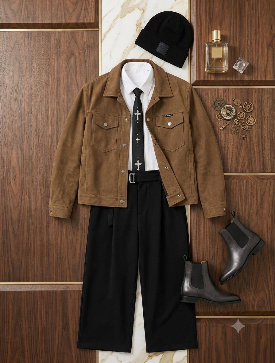 Brown suede trucker jacket styled with white shirt, black cross tie, flare trousers, beanie and boots.