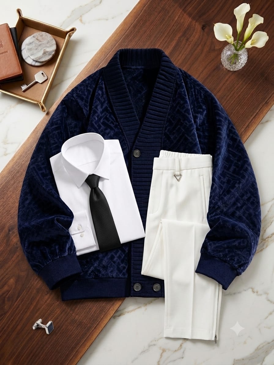 Navy monogram velvet cardigan with white shirt, black tie and white trousers on wooden tray.