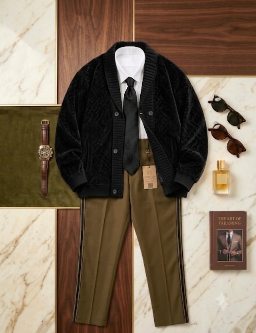 Black monogram velvet cardigan with white shirt, black tie, olive trousers and accessories.