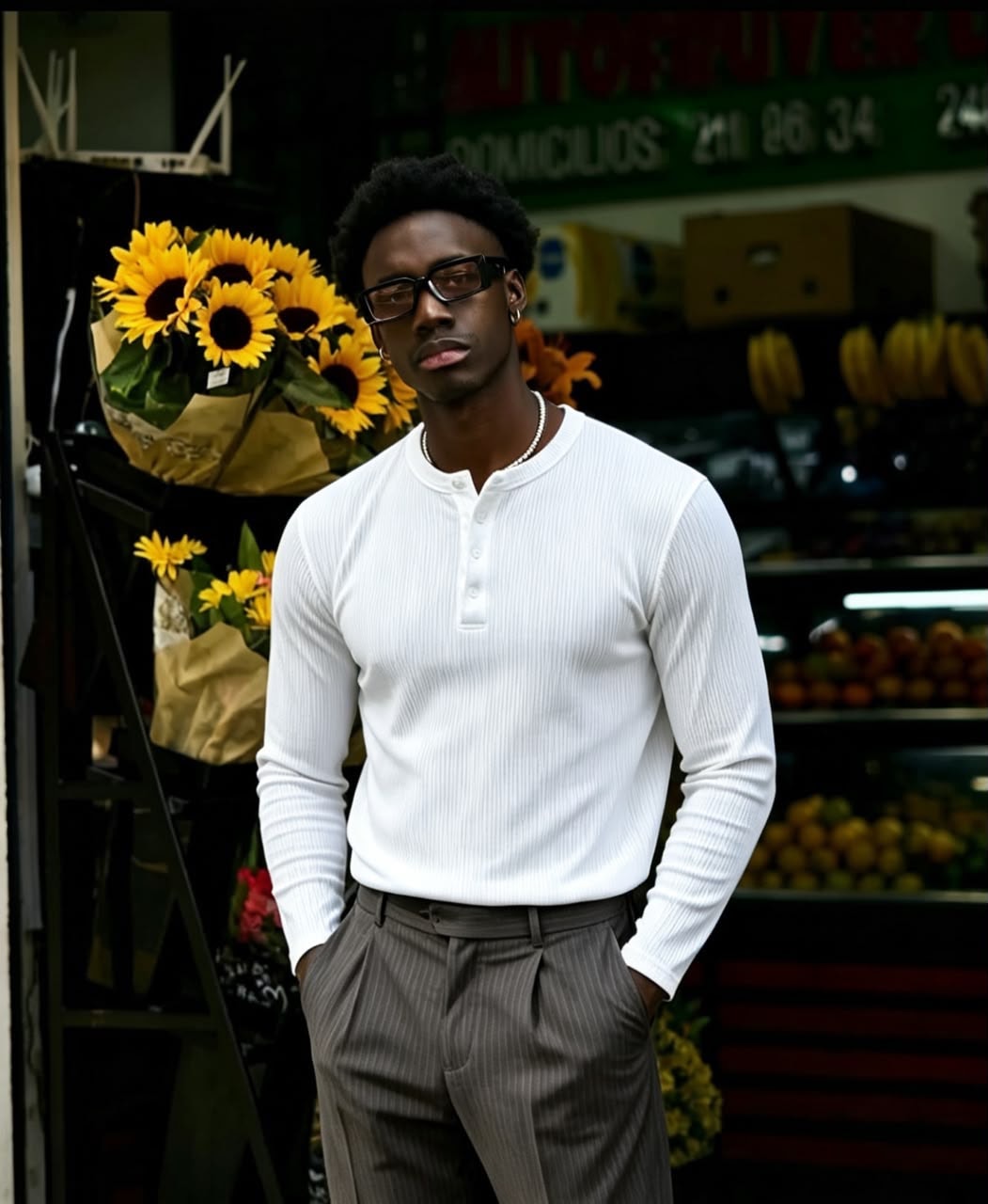Man modeling white ribbed long-sleeve henley top with button placket, worn with gray trousers in an outdoor market setting.