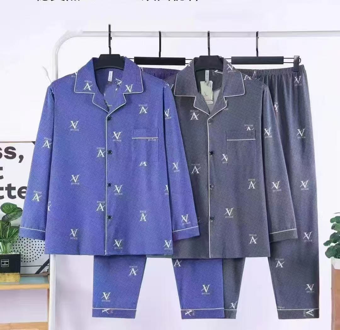 Unisex flannel pajama set with vintage V monogram print shown in purple and gray.