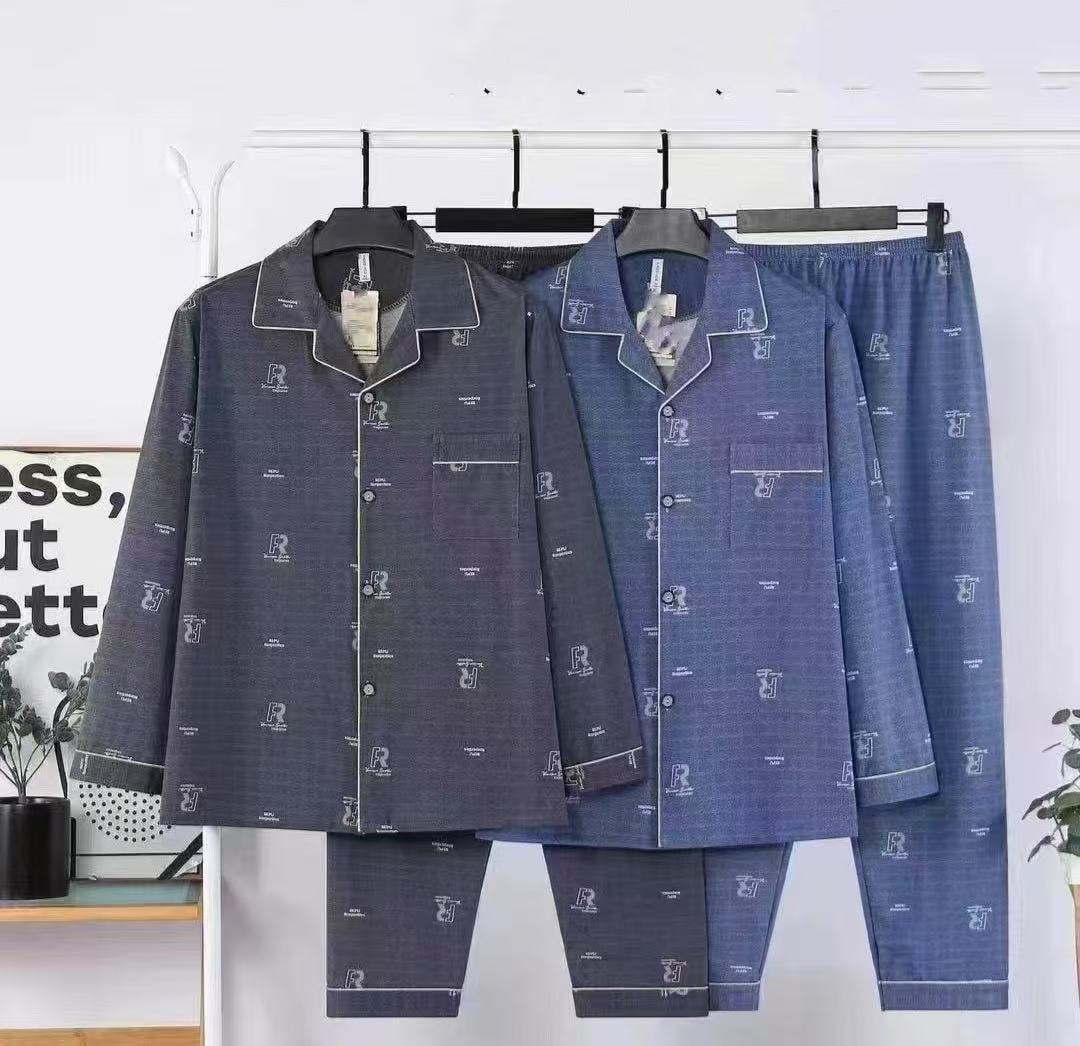 Unisex flannel pajama set with R monogram print in dark gray and blue shades.