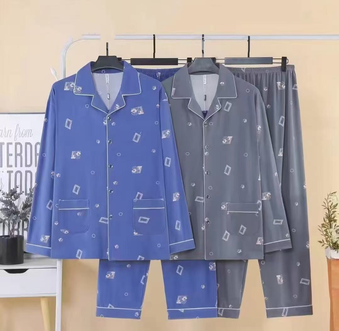 Unisex flannel pajama set with LS geometric print shown in blue and gray colorways.
