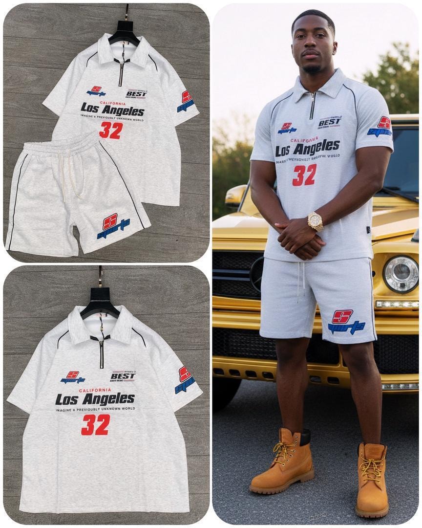 White Los Angeles 32 polo and shorts set displayed in flat lays and worn with yellow vehicle.