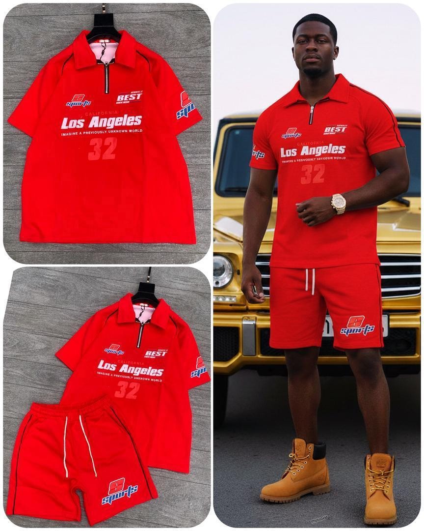Red Los Angeles 32 polo and shorts set shown in flat lay and on male model.
