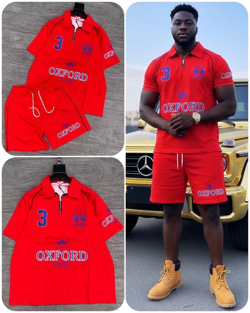 Red Oxford polo shirt and shorts two-piece set displayed in flat lays and on model.