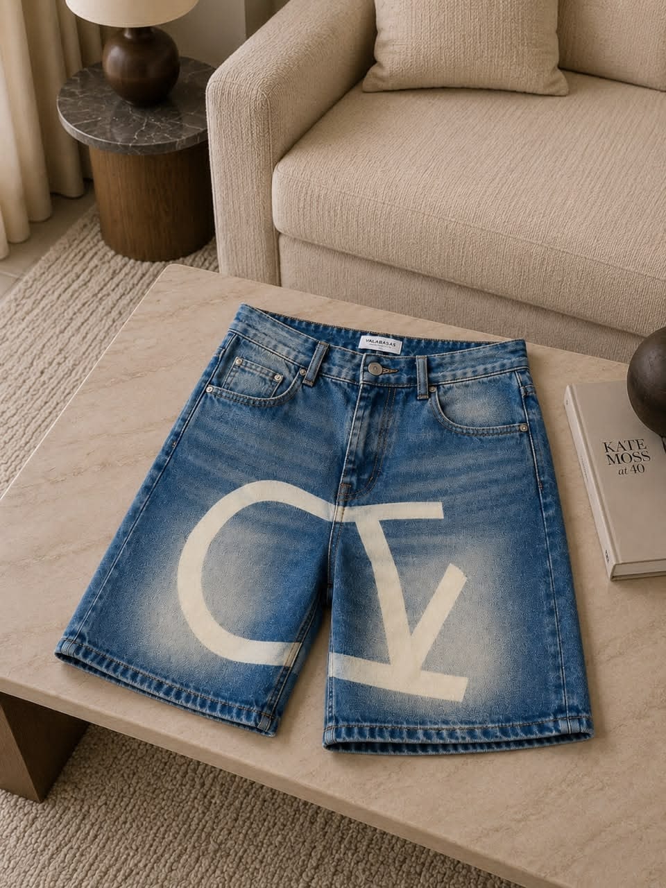 Blue baggy denim shorts with large white logo print on front.