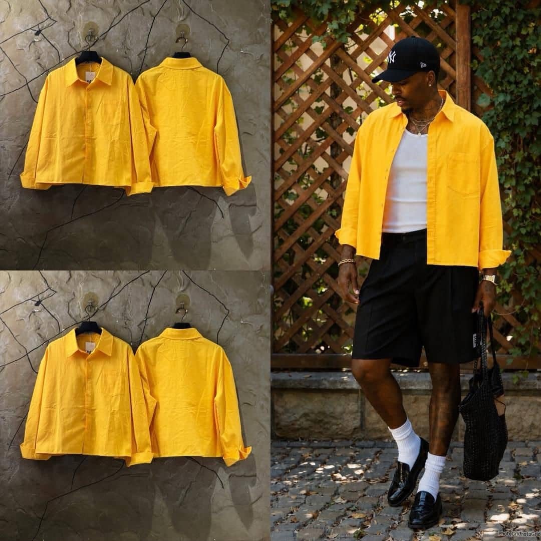 Yellow button-down overshirt in flat lays and worn outdoors with white tee, black shorts, and cap.