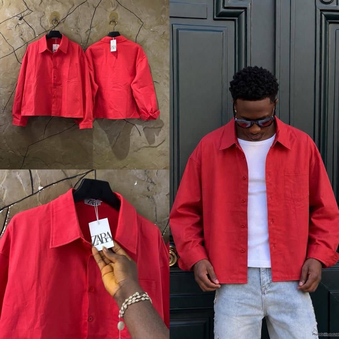 Red Zara button-down overshirt shown in flat lays, close-up tag, and worn over white tee with jeans.