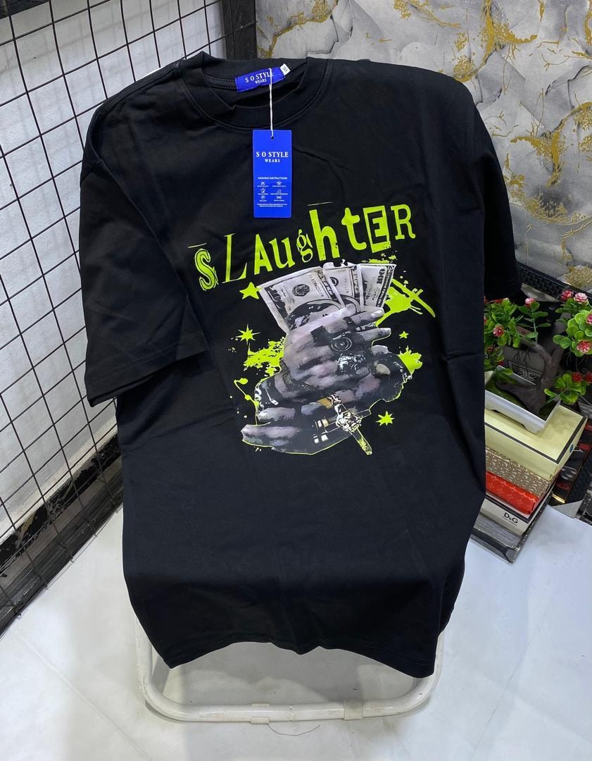 Black t-shirt with hand holding money, SLAughter text and lime splatter graphic.