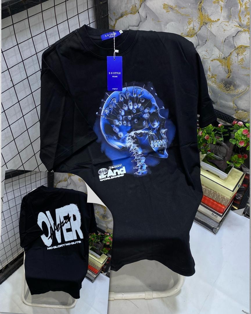 Black t-shirt with blue skull entangled in pins and eyes graphic, plus back text view.