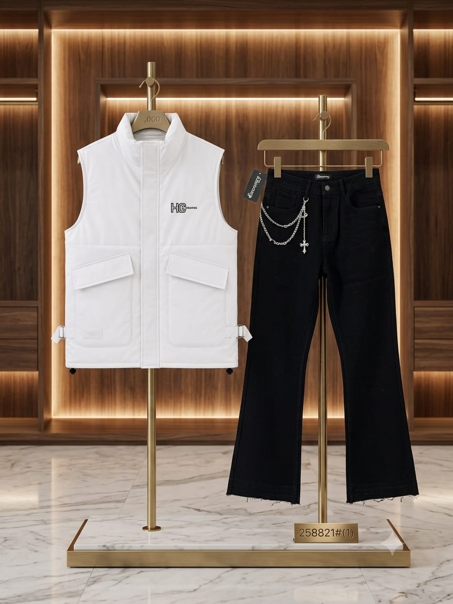 White puffer vest with HG Brazing logo on stand next to black jeans with silver chain and cross in modern interior.