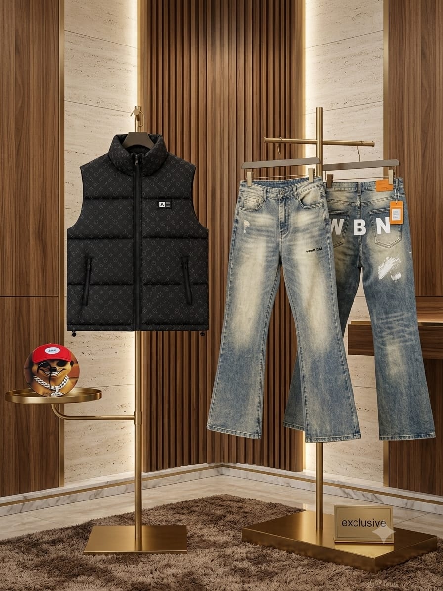 Black monogram puffer vest on gold stand beside light blue flared distressed jeans in luxury showroom.