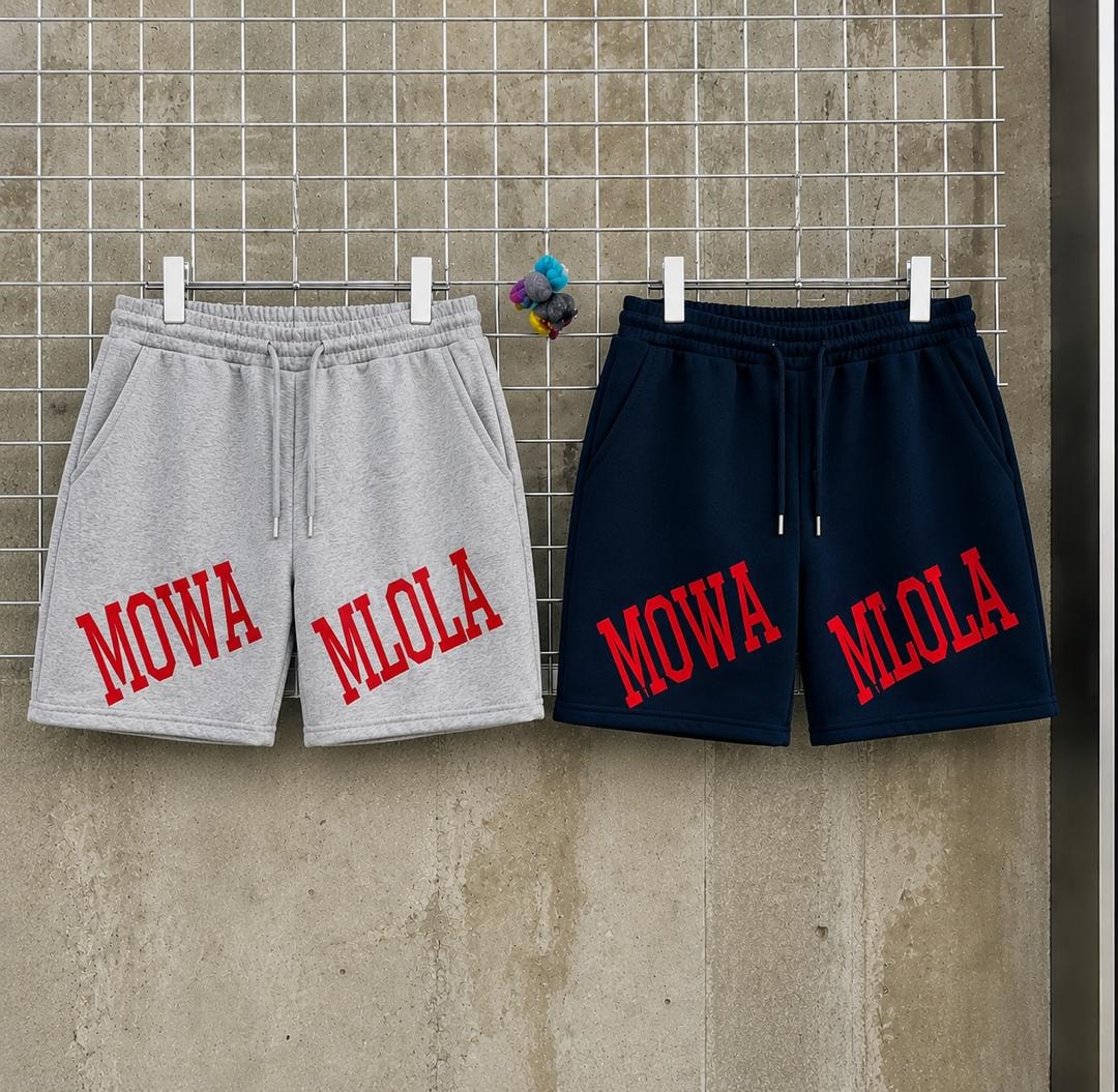 Grey and navy MOWA MLOLA printed fleece shorts hanging side by side.