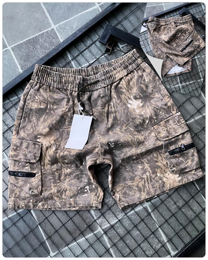 Flat lay of brown wash cargo shorts with tag, drawstring and back view inset.