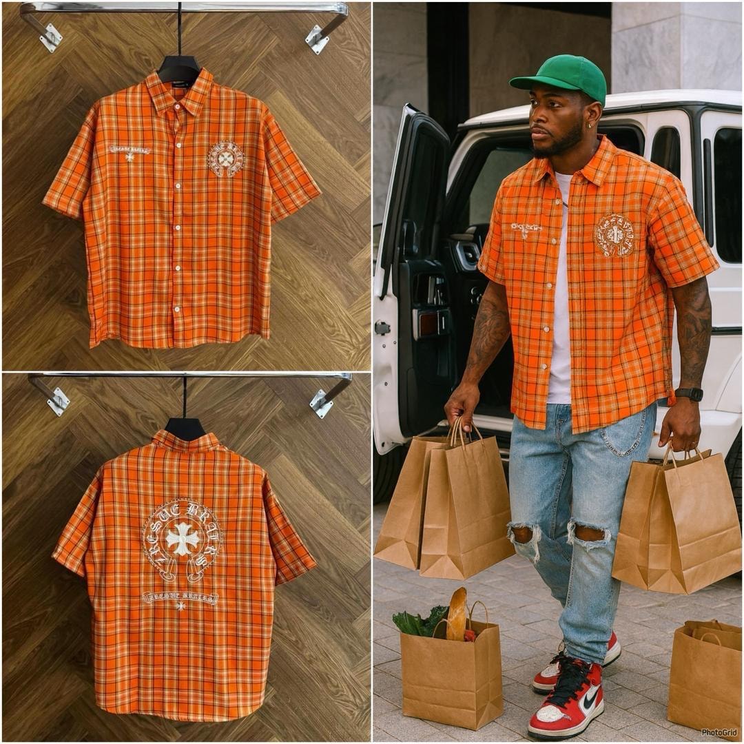Orange plaid short sleeve shirt on hanger and worn in lifestyle with shopping bags.
