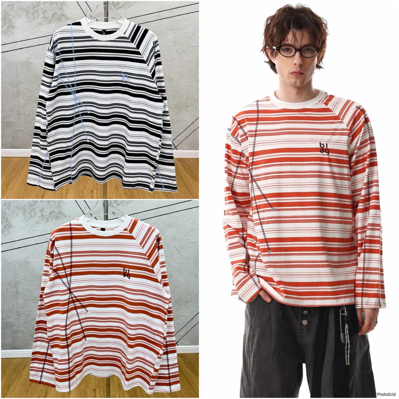 Striped long sleeve top in black/white and orange/white colorways with flat lay and model views.