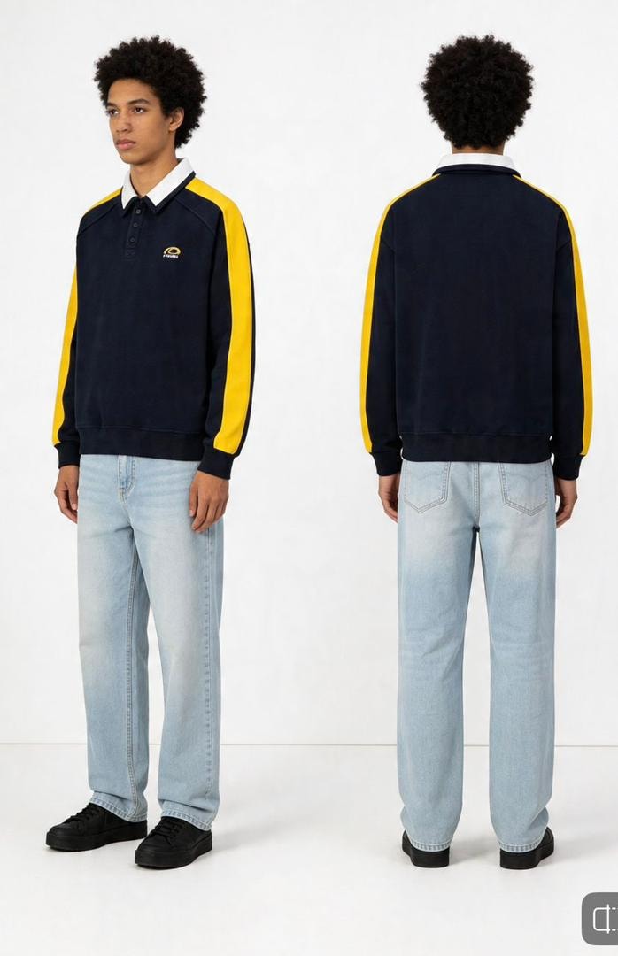 Front and back views of model in navy long sleeve polo with yellow sleeve stripes, white collar and chest logo.