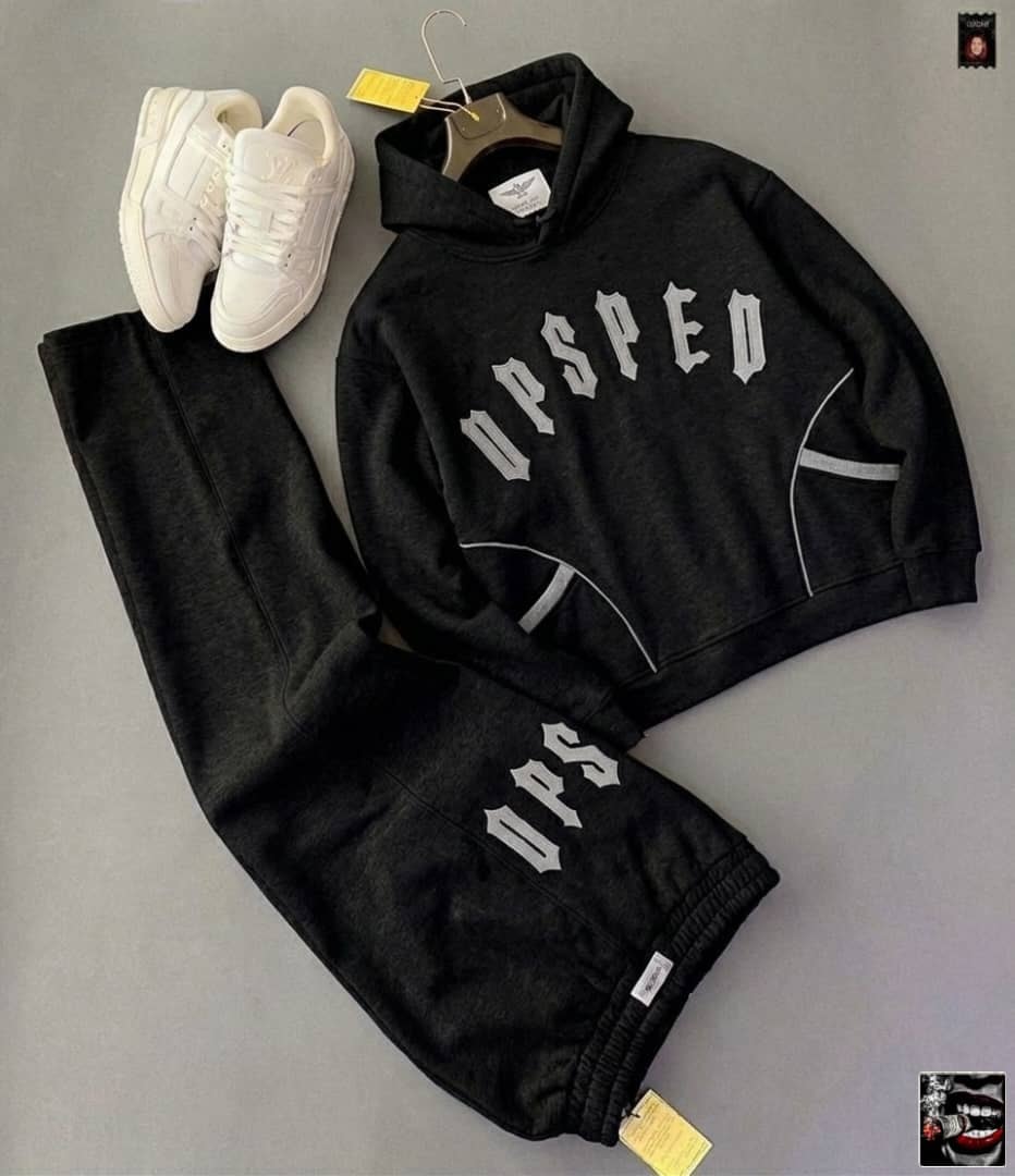 Dark gray UPSPED gothic hoodie and matching jogger pants with white sneakers.